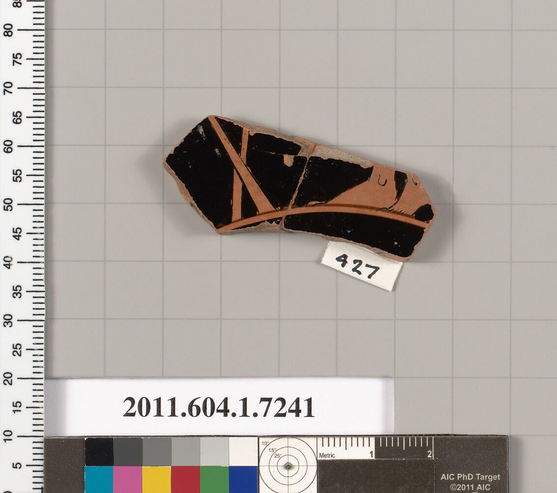 Terracotta fragment of a kylix (drinking cup), Attributed to Makron [DvB], Terracotta, Greek, Attic