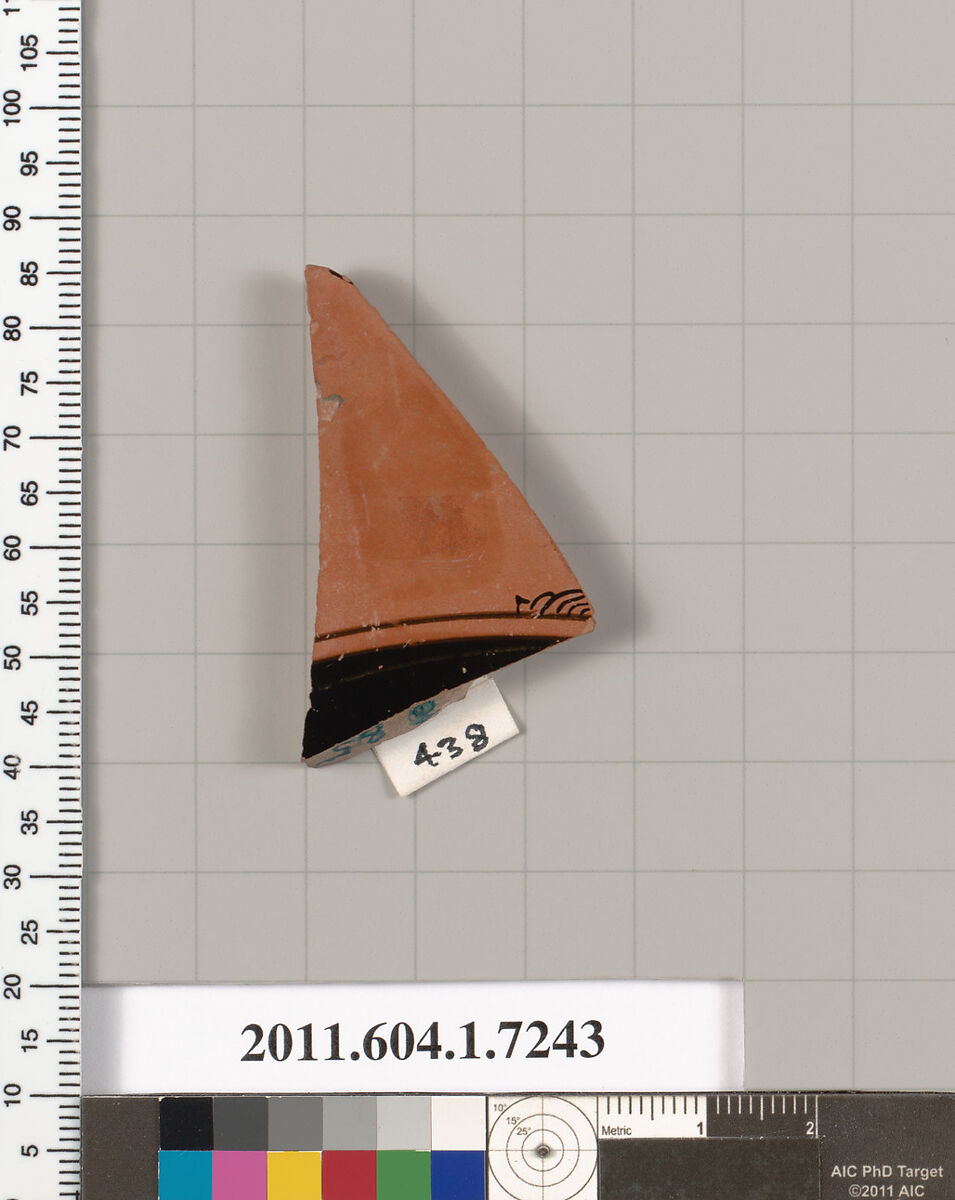 Terracotta fragment of a kylix (drinking cup), Attributed to Makron [DvB], Terracotta, Greek, Attic