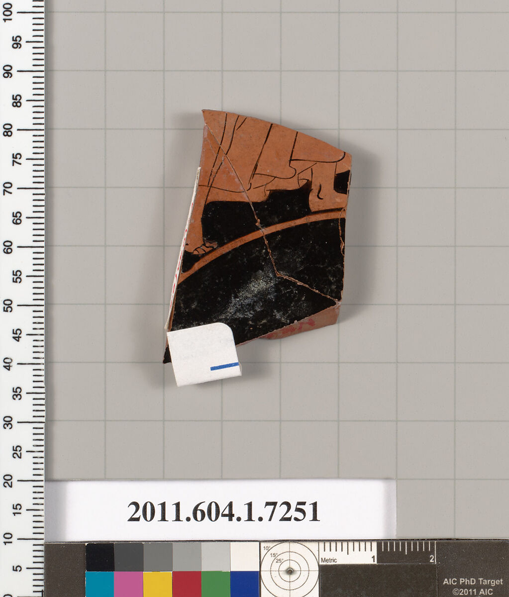 Terracotta fragment of a kylix (drinking cup), Attributed to Makron [DvB], Terracotta, Greek, Attic