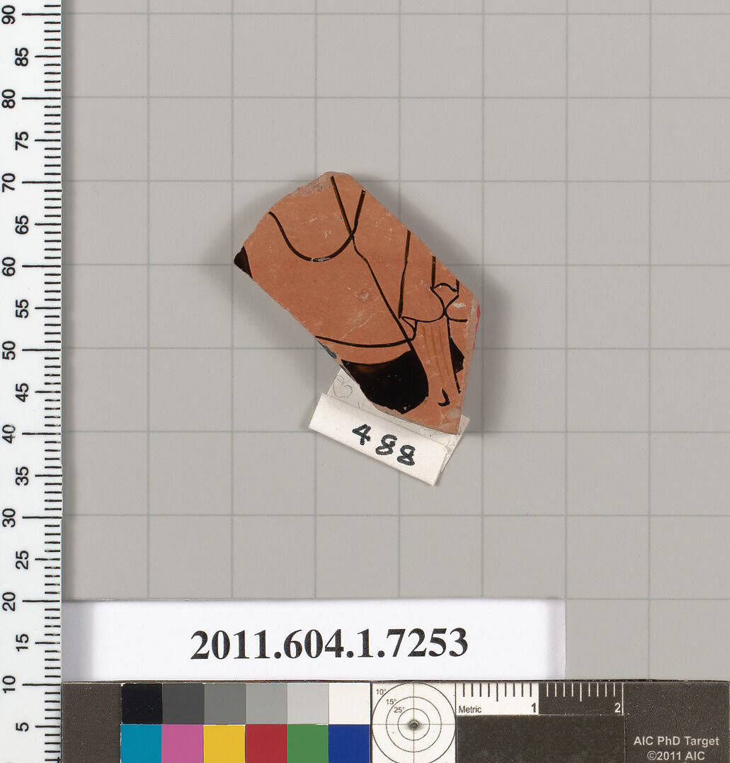 Terracotta fragment of a kylix (drinking cup), Attributed to Makron [DvB], Terracotta, Greek, Attic