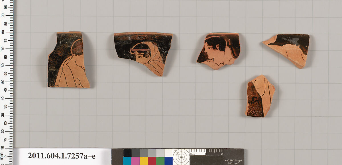 Terracotta fragments of a kylix (drinking cup), Attributed to Makron [DvB], Terracotta, Greek, Attic 