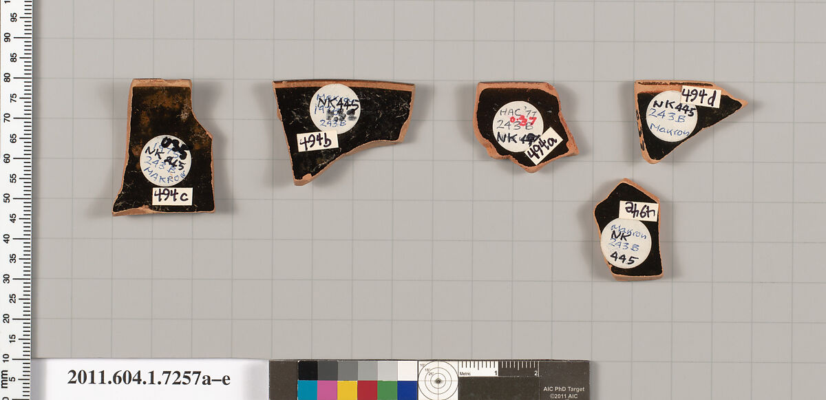 Terracotta fragments of a kylix (drinking cup), Attributed to Makron [DvB], Terracotta, Greek, Attic