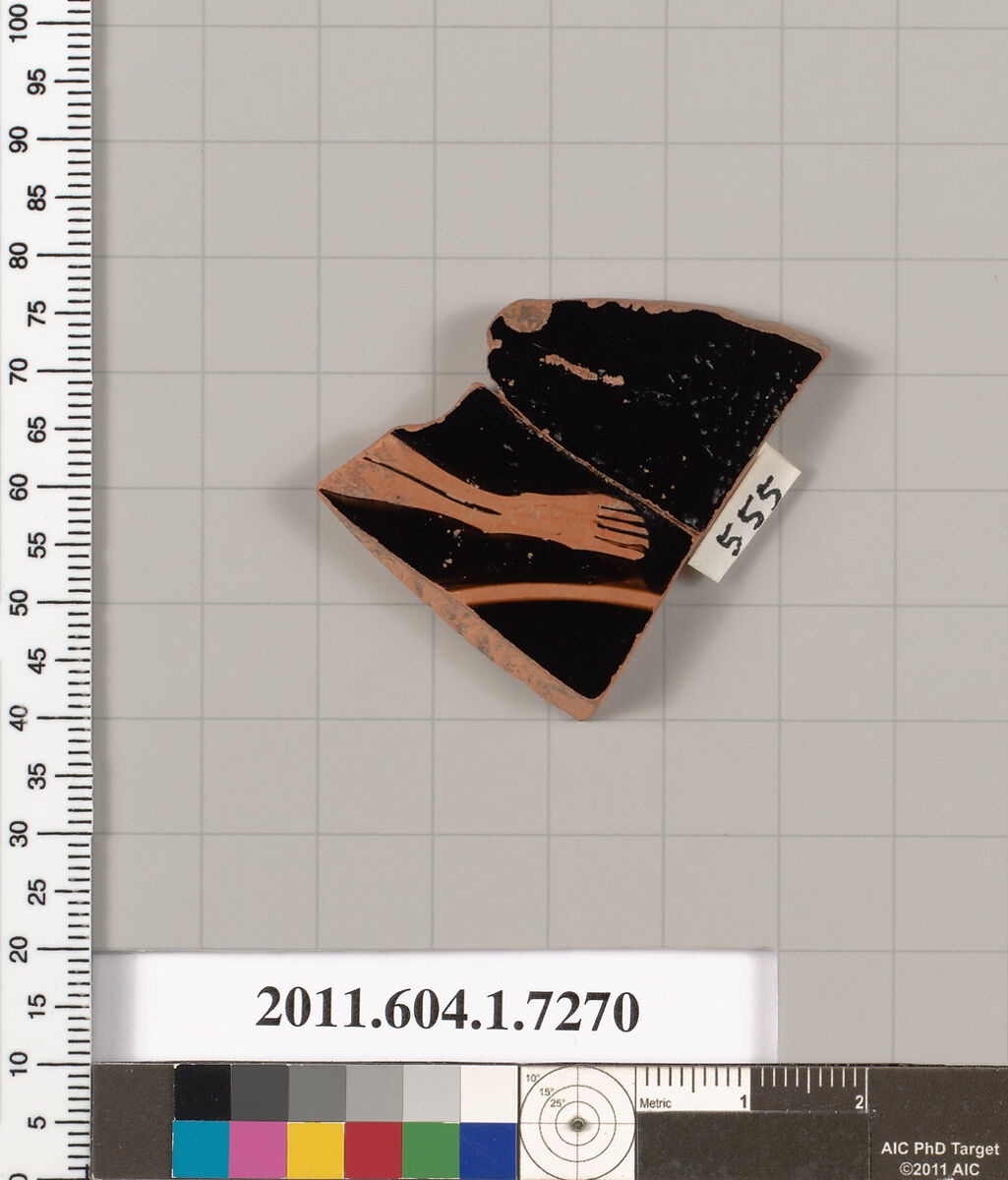 Terracotta fragment of a kylix (drinking cup), Attributed to Makron [DvB], Terracotta, Greek, Attic