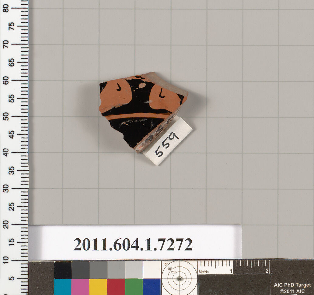 Terracotta fragment of a kylix (drinking cup), Attributed to Makron [DvB], Terracotta, Greek, Attic