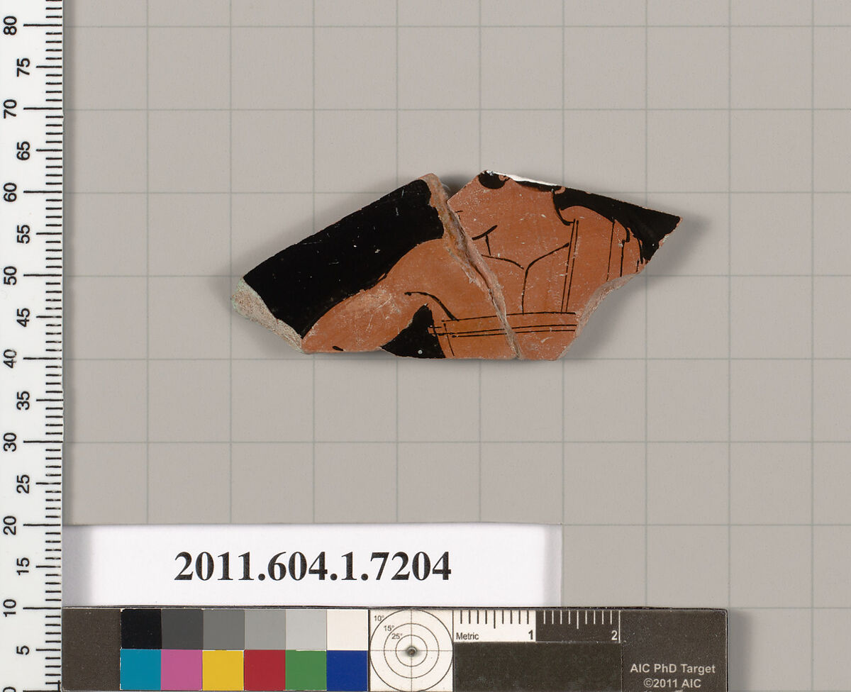 Terracotta fragment of a kylix (drinking cup), Attributed to Makron [DvB], Terracotta, Greek, Attic 