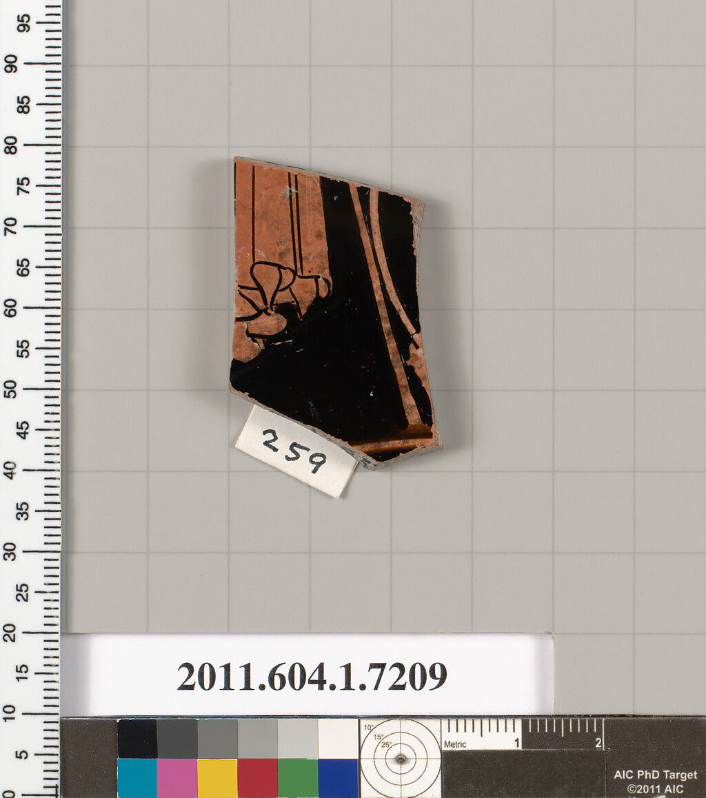 Terracotta fragment of a kylix (drinking cup), Attributed to Makron [DvB], Terracotta, Greek, Attic