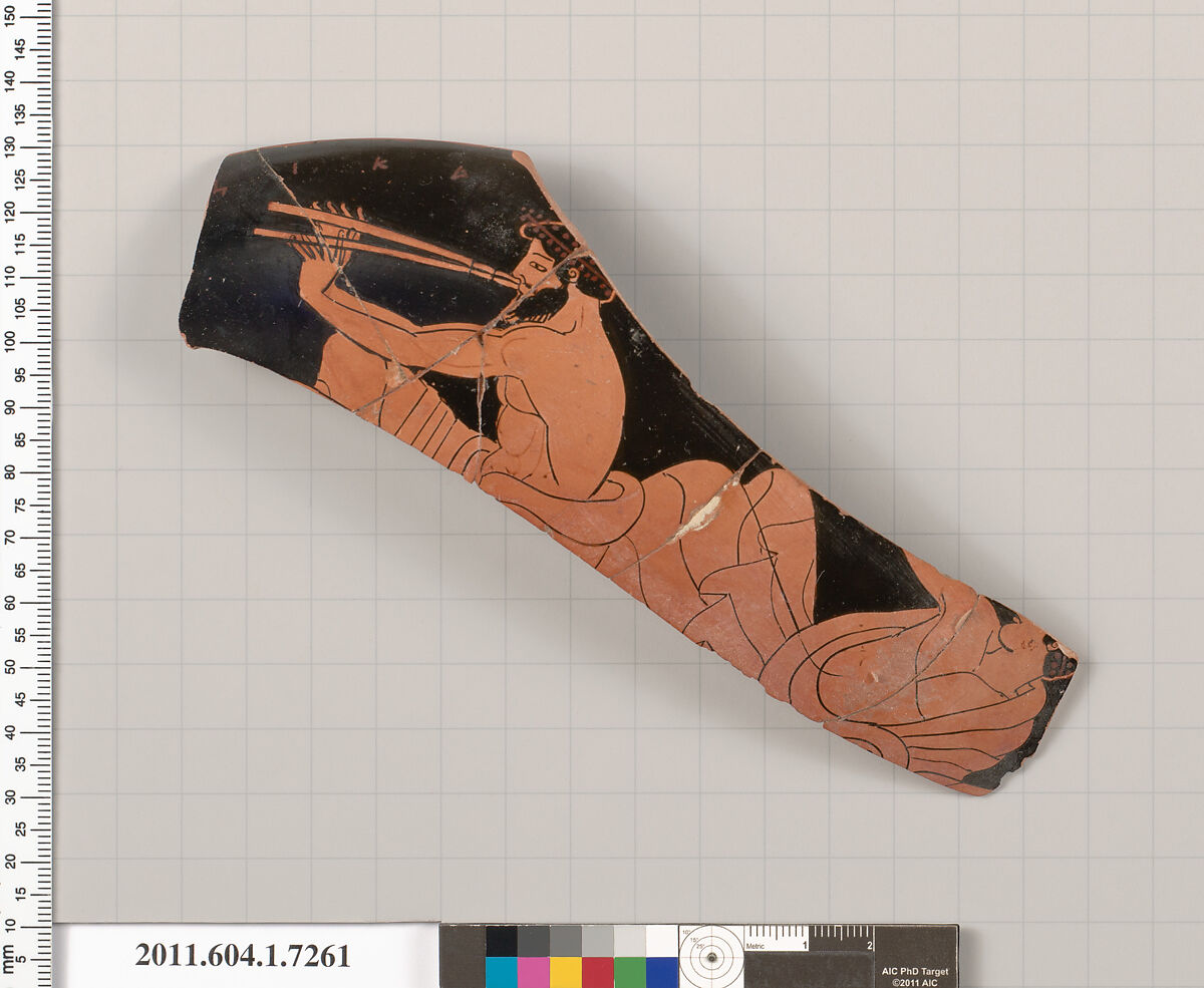 Terracotta rim  fragment of a kylix (drinking cup), Attributed to Makron [DvB], Terracotta, Greek, Attic 