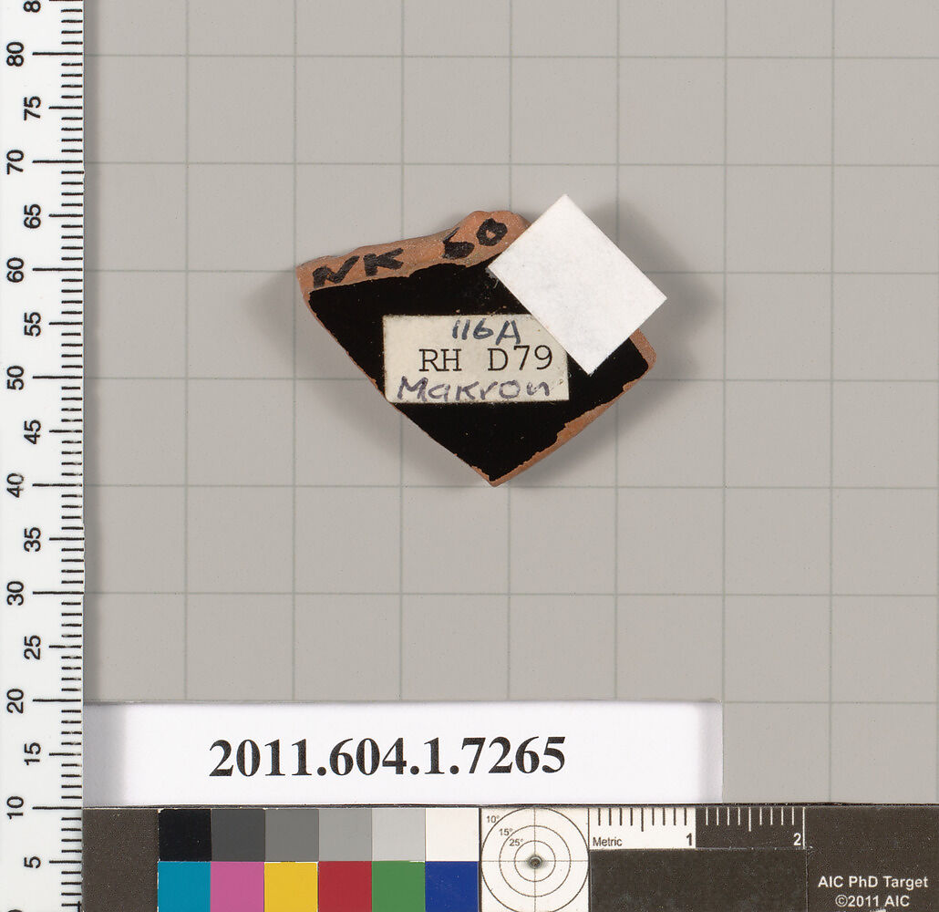 Terracotta fragment of a kylix (drinking cup), Attributed to Makron [DvB], Terracotta, Greek, Attic