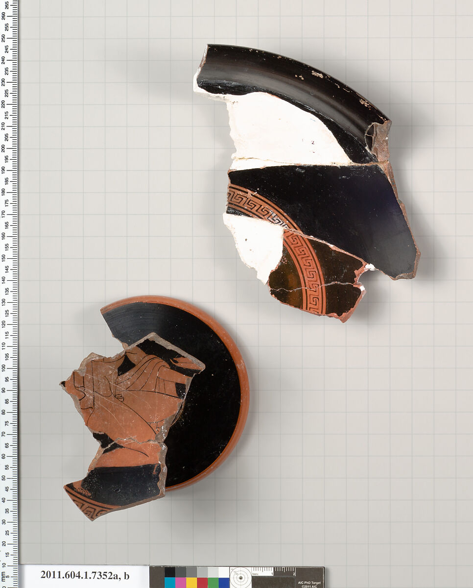 Terracotta fragments of a kylix (drinking cup), Attributed to Makron [DvB], Terracotta, Greek, Attic 