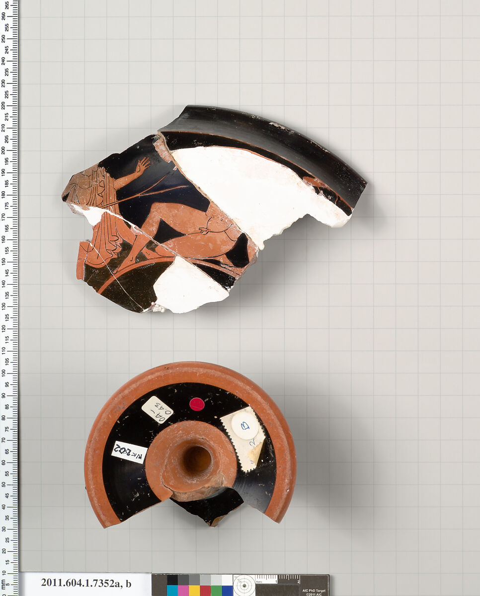 Terracotta fragments of a kylix (drinking cup), Attributed to Makron [DvB], Terracotta, Greek, Attic