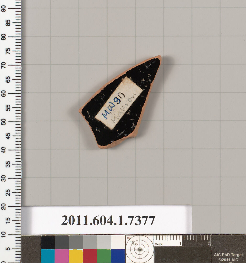 Terracotta fragment of a kylix (drinking cup), Attributed to Makron [DvB], Terracotta, Greek, Attic