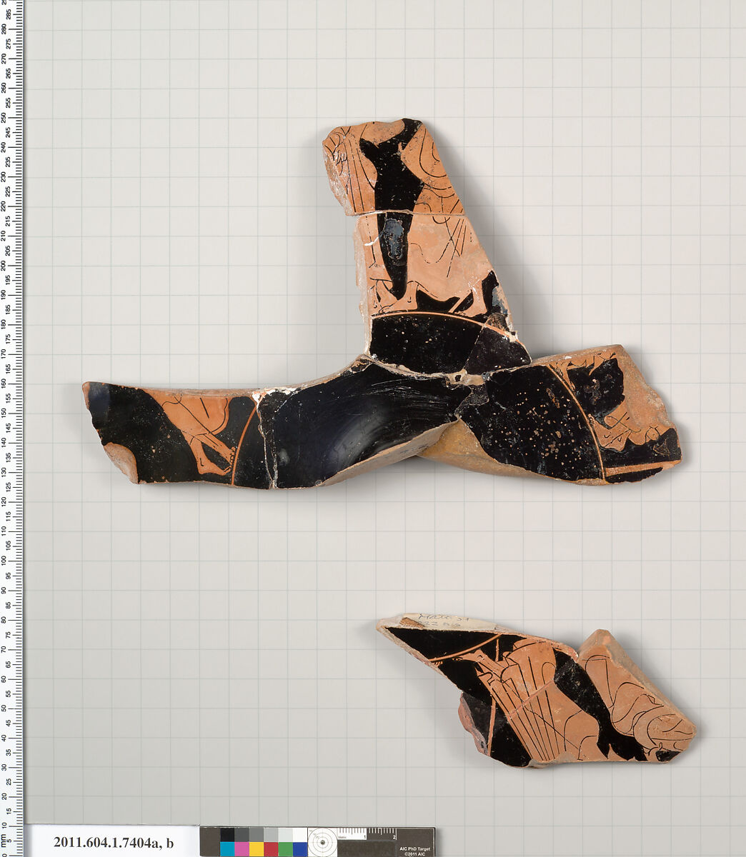 Terracotta fragments of a kylix (drinking cup), Attributed to Makron [DvB], Terracotta, Greek, Attic