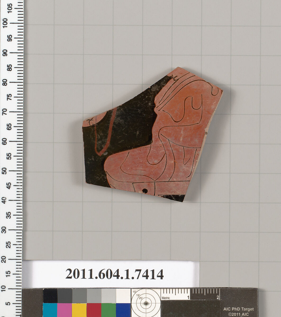 Terracotta fragment of a kylix (drinking cup), Attributed as School of Makron [DvB], Terracotta, Greek, Attic 