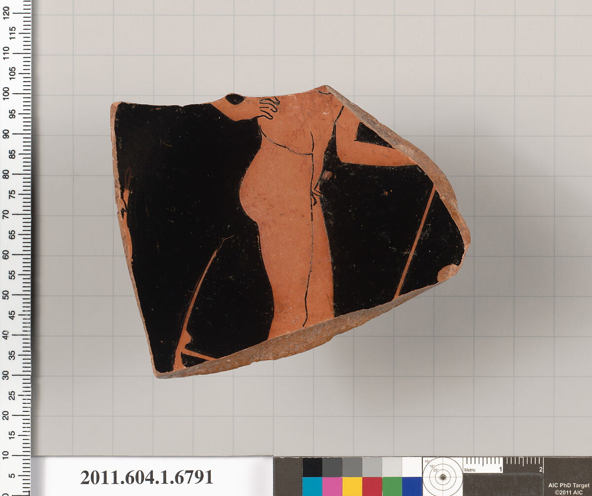 Terracotta fragment of a kylix (drinking cup), Attributed to the Foundry Painter [DvB], Terracotta, Greek, Attic 