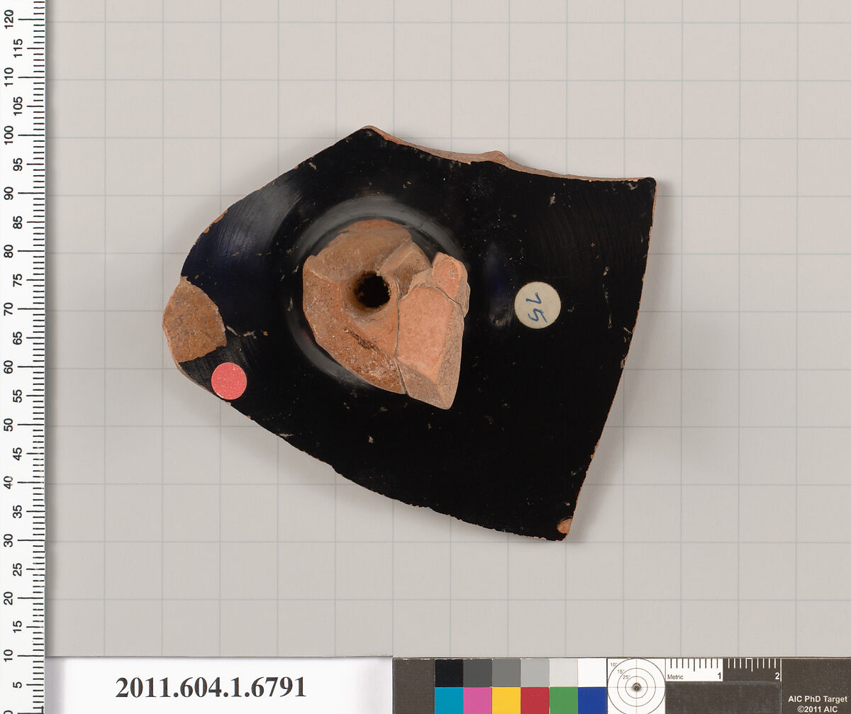 Terracotta fragment of a kylix (drinking cup), Attributed to the Foundry Painter [DvB], Terracotta, Greek, Attic