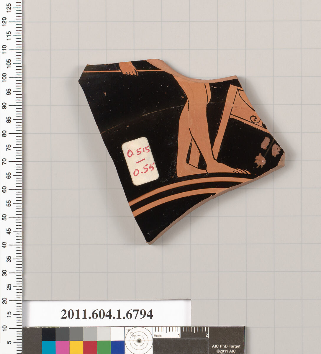 Terracotta fragment of a kylix (drinking cup), Attributed to the Foundry Painter [DvB], Terracotta, Greek, Attic