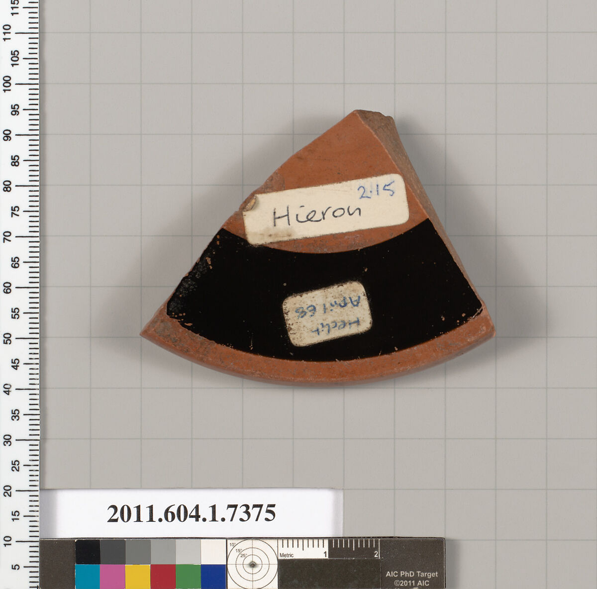 Terracotta fragment of a kylix (drinking cup), Attributed to Hieron [DvB], Terracotta, Greek, Attic