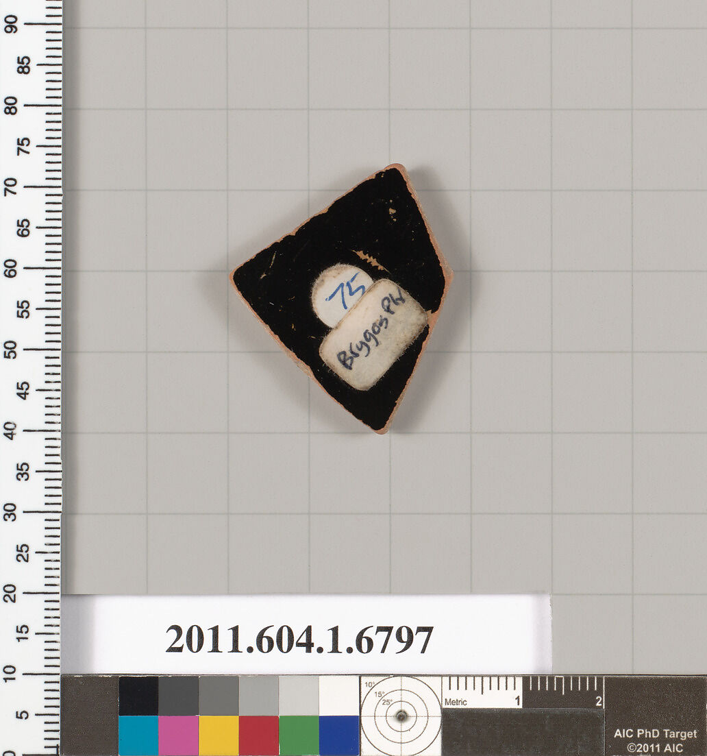 Terracotta fragment of a kylix (drinking cup), Attributed to the Brygos Painter [DvB], Terracotta, Greek, Attic