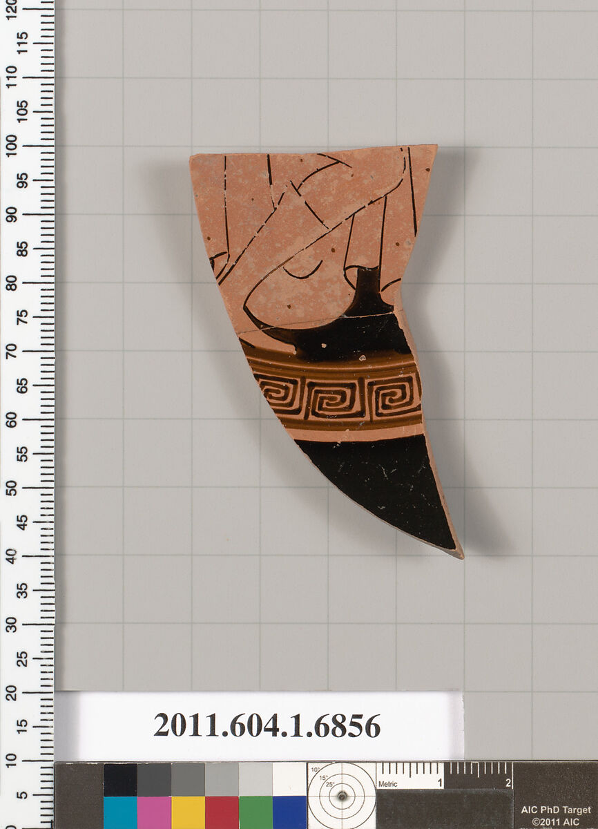 Terracotta fragment of a kylix (drinking cup), Attributed as Brygan [DvB], Terracotta, Greek, Attic 