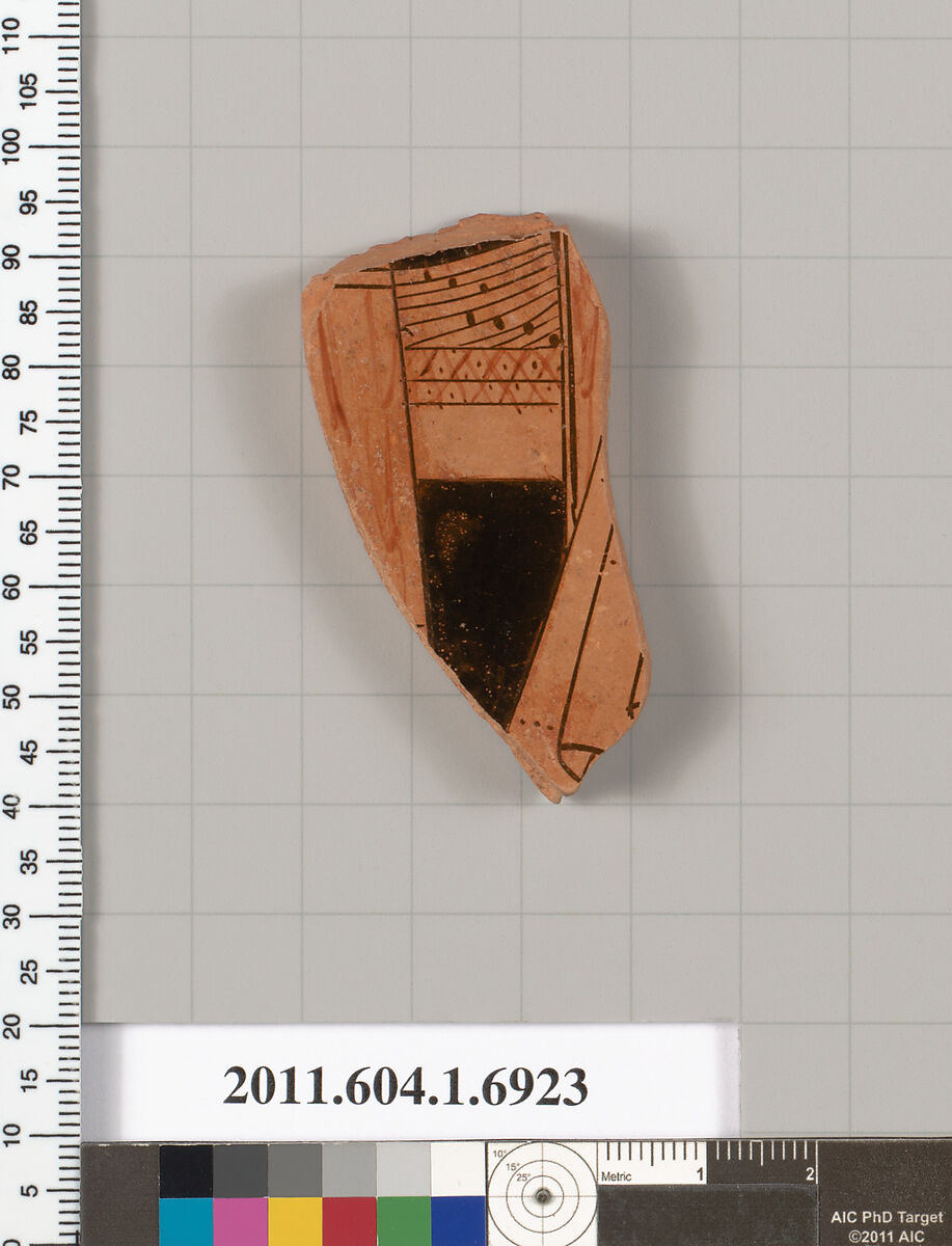 Terracotta fragment of a kylix (drinking cup), Attributed as Brygan [DvB], Terracotta, Greek, Attic 