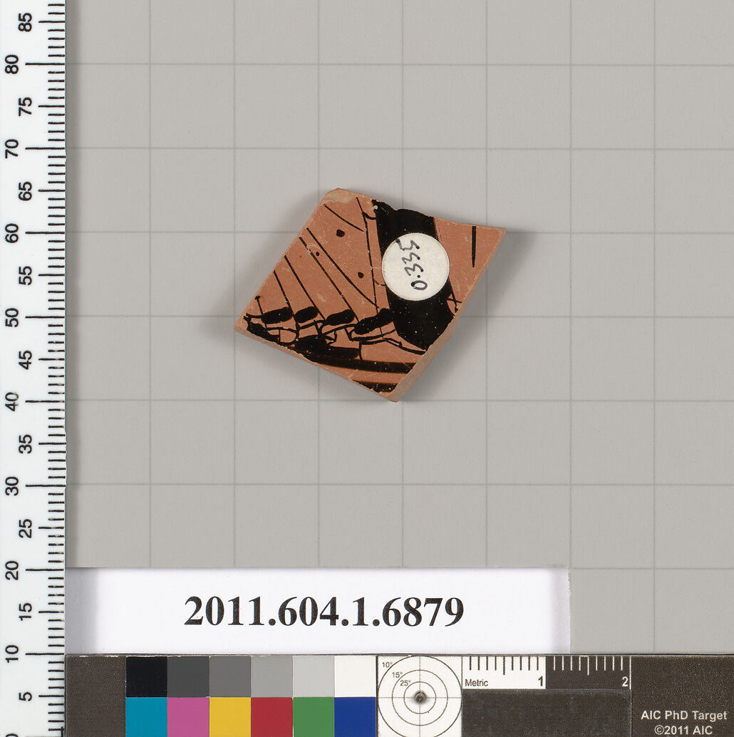 Terracotta fragment of a kylix (drinking cup), Attributed as Brygan [DvB], Terracotta, Greek, Attic 