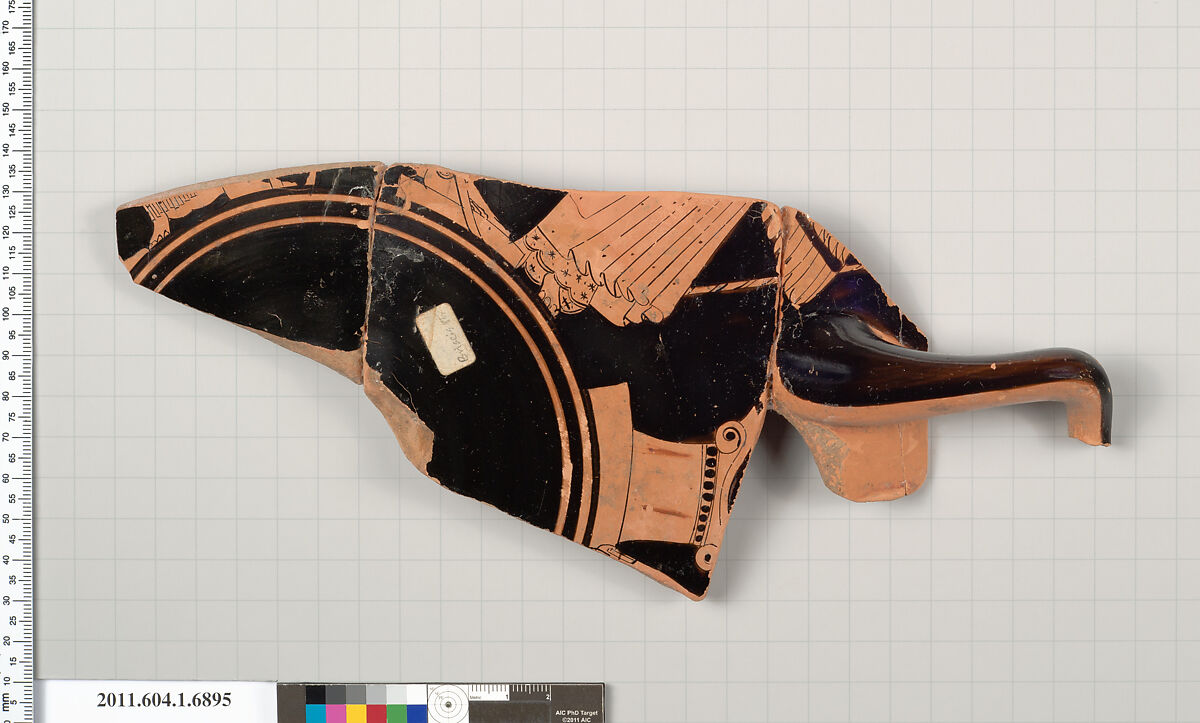 Terracotta fragment of a kylix (drinking cup), Attributed to the Briseis Painter [DvB], Terracotta, Greek, Attic