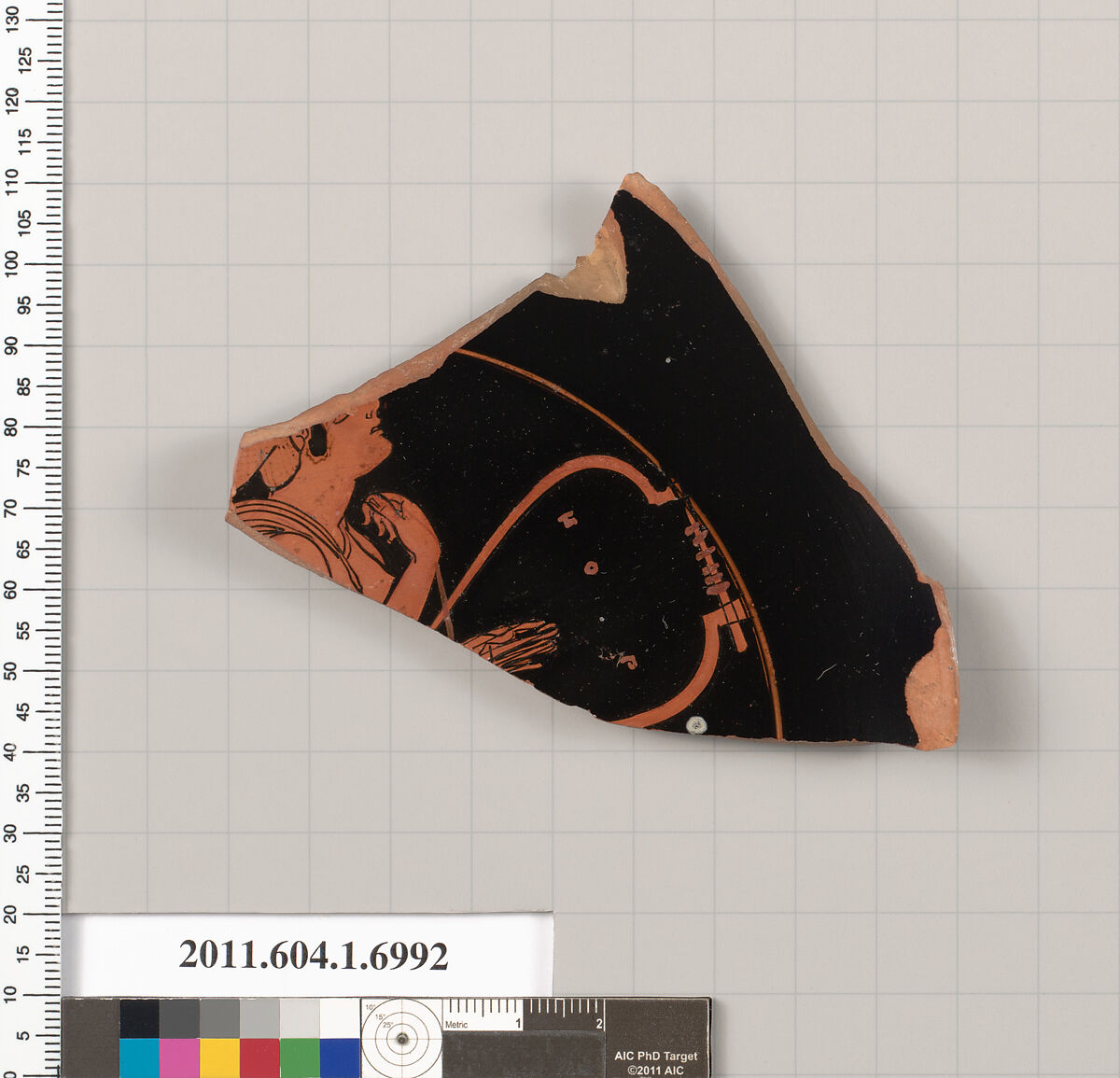 Terracotta fragment of a kylix (drinking cup), Attributed to Douris [Robert Guy], Terracotta, Greek, Attic 