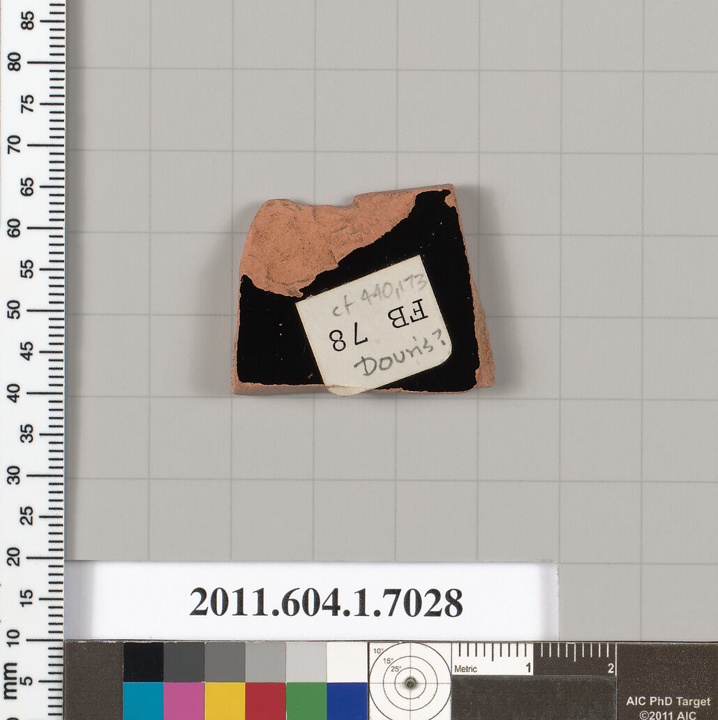 Terracotta fragment of a kylix (drinking cup), Attributed to Douris ? [DvB], Terracotta, Greek, Attic