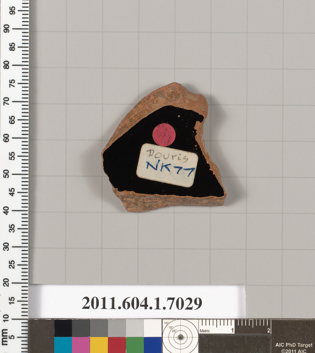 Terracotta fragment of a kylix (drinking cup), Attributed to Douris [DvB], Terracotta, Greek, Attic