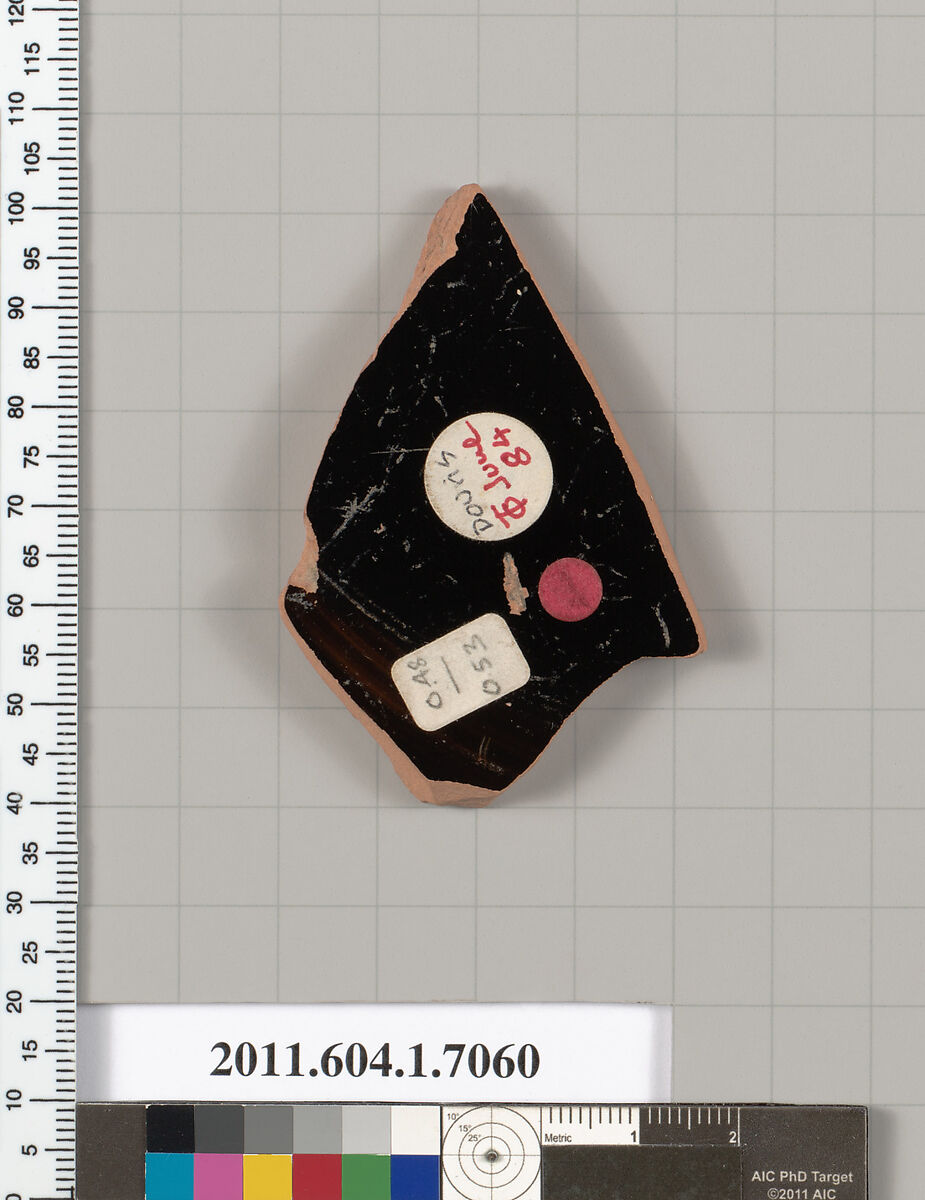 Terracotta fragment of a kylix (drinking cup), Attributed to Douris [DvB], Terracotta, Greek, Attic