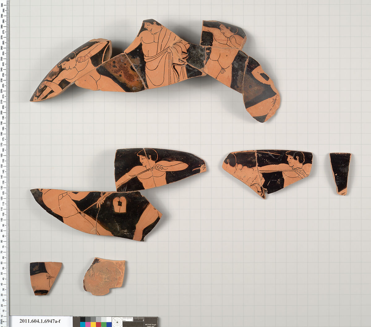 Terracotta fragments of a kylix (drinking cup), Attributed to the Painter of the Paris Gigantomachy [DvB], Terracotta, Greek, Attic