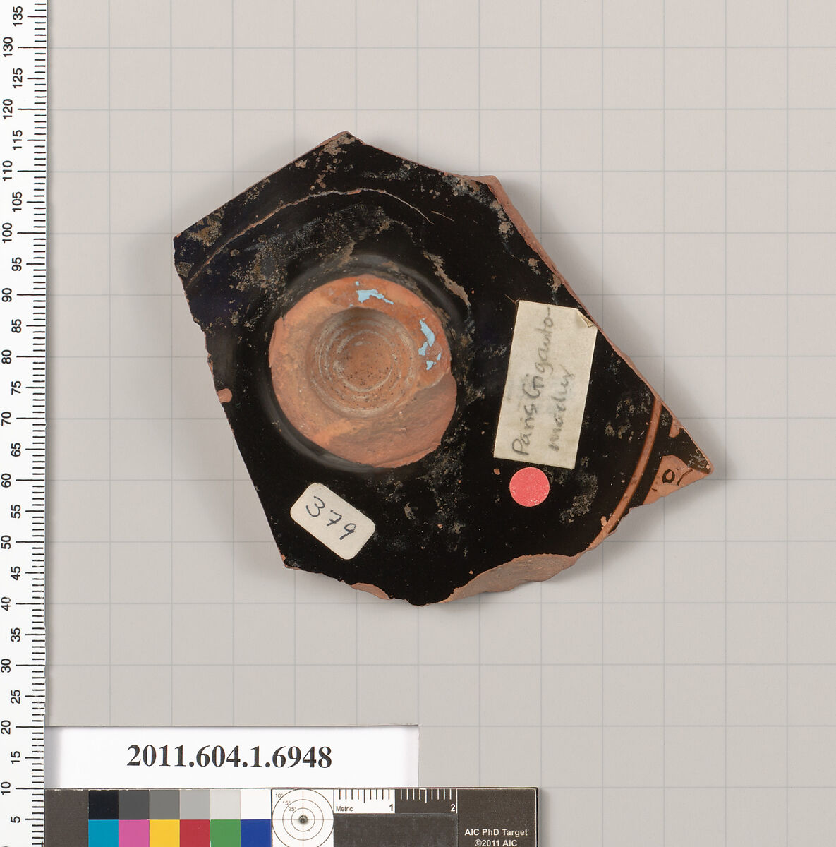 Terracotta fragment of a kylix (drinking cup), Attributed to the Painter of the Paris Gigantomachy [DvB], Terracotta, Greek, Attic