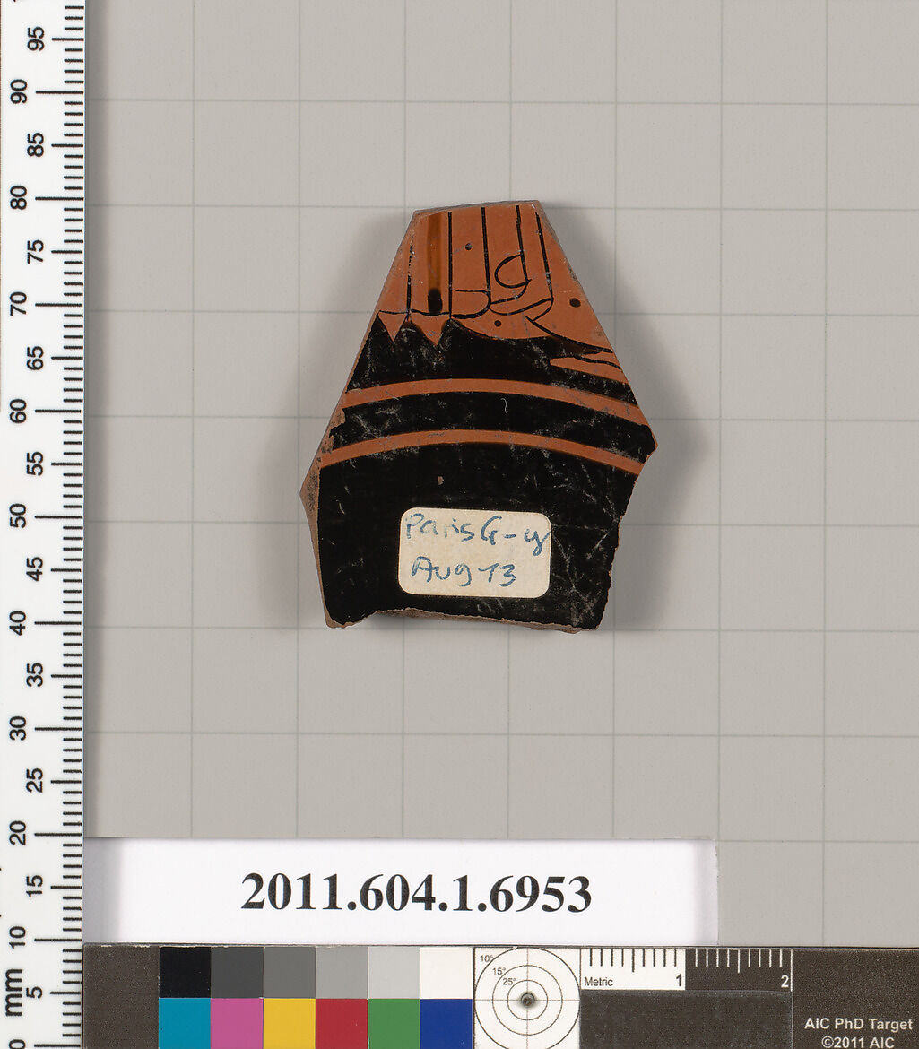 Terracotta fragment of a kylix (drinking cup), Attributed to the Painter of the Paris Gigantomachy [DvB], Terracotta, Greek, Attic