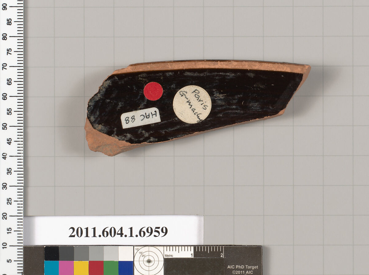 Terracotta rim fragment of a kylix (drinking cup), Attributed to the Painter of the Paris Gigantomachy [DvB], Terracotta, Greek, Attic