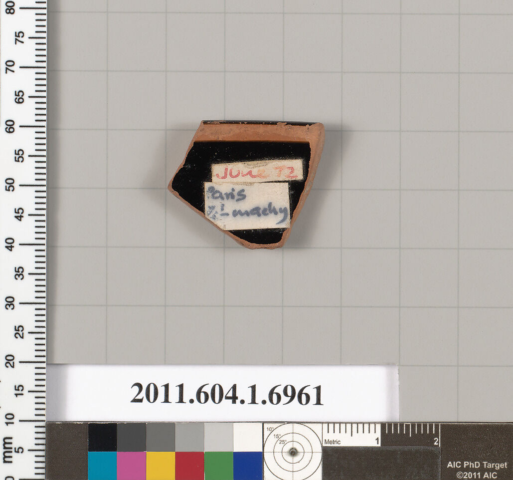 Terracotta rim fragment of a kylix (drinking cup), Attributed to the Painter of the Paris Gigantomachy [DvB], Terracotta, Greek, Attic