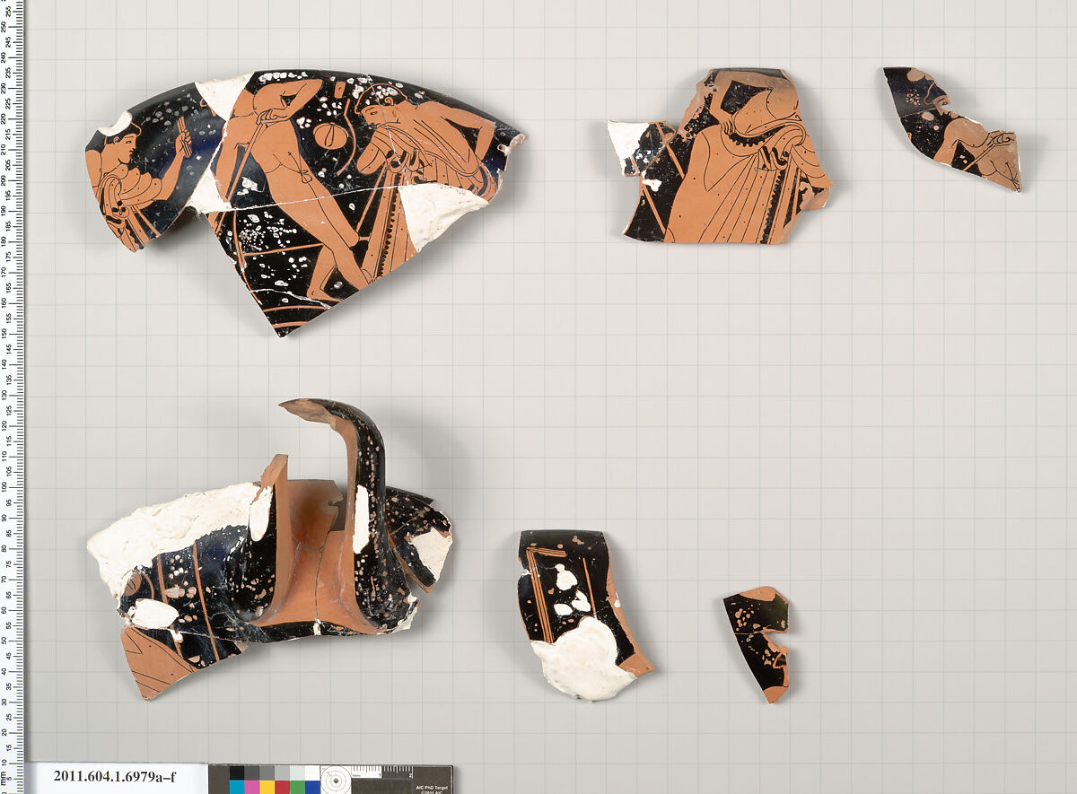 Terracotta fragments of a kylix (drinking cup), Attributed to the Painter of the Paris Gigantomachy [DvB], Terracotta, Greek, Attic