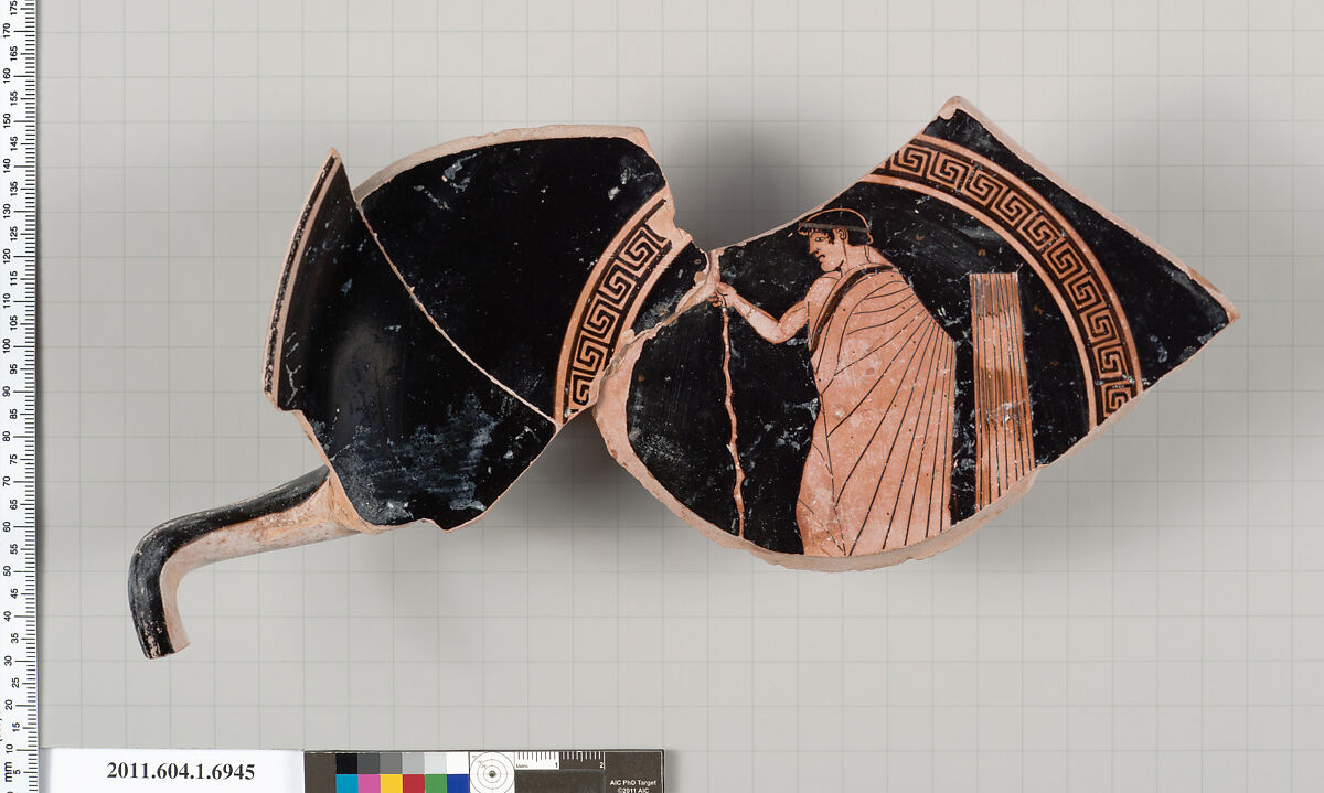 Terracotta fragment of a kylix (drinking cup), Attributed to the Painter of Louvre G 265 [DvB], Terracotta, Greek, Attic 