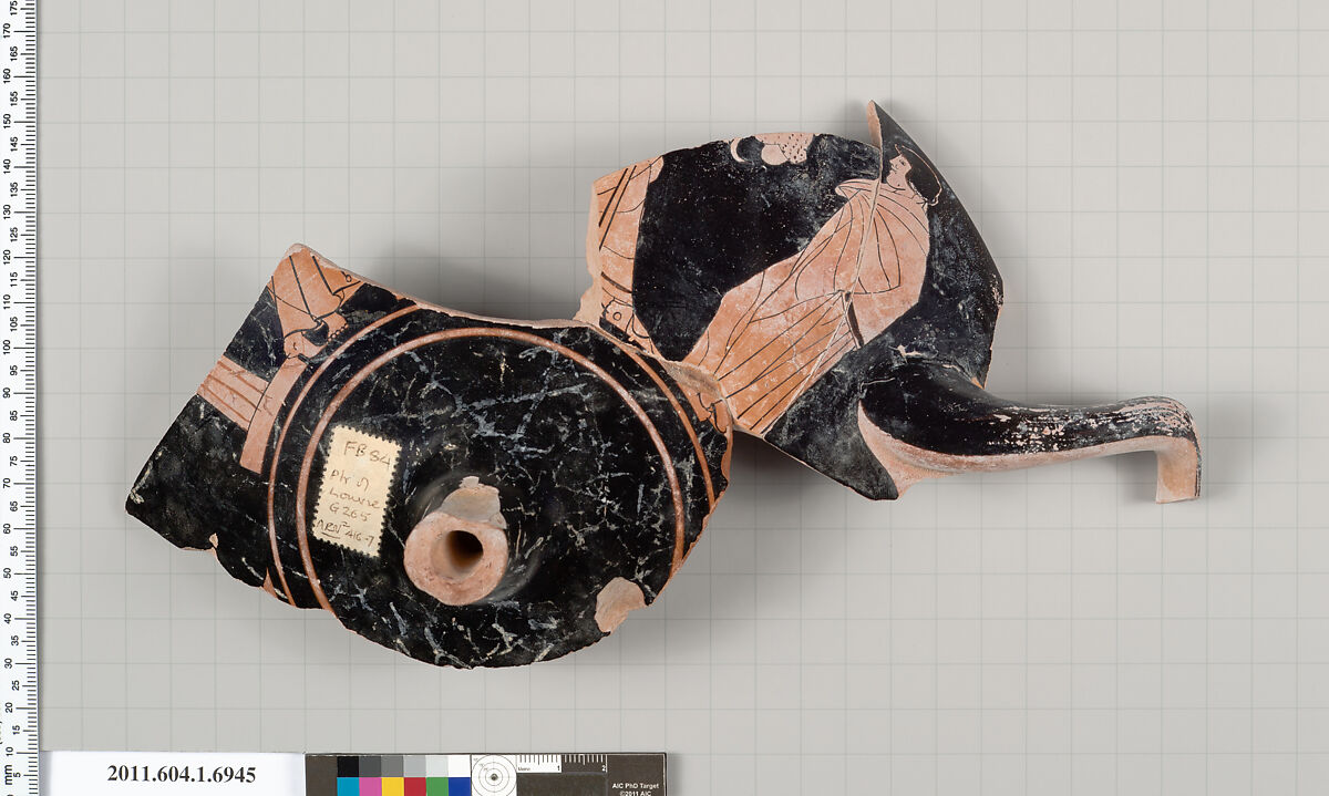 Terracotta fragment of a kylix (drinking cup), Attributed to the Painter of Louvre G 265 [DvB], Terracotta, Greek, Attic