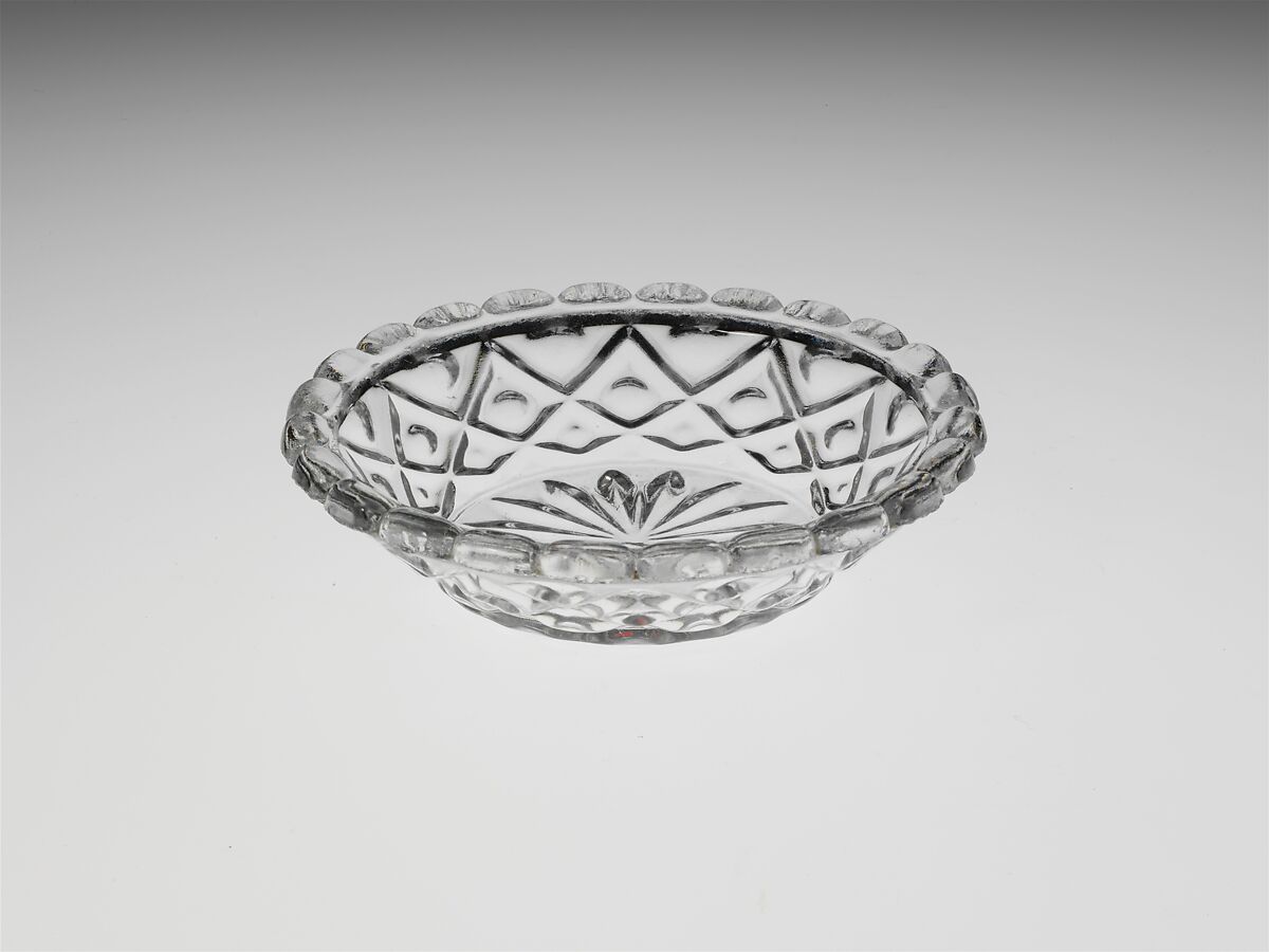 Sauce Dish, Pressed glass, diamond thumbprint, American 