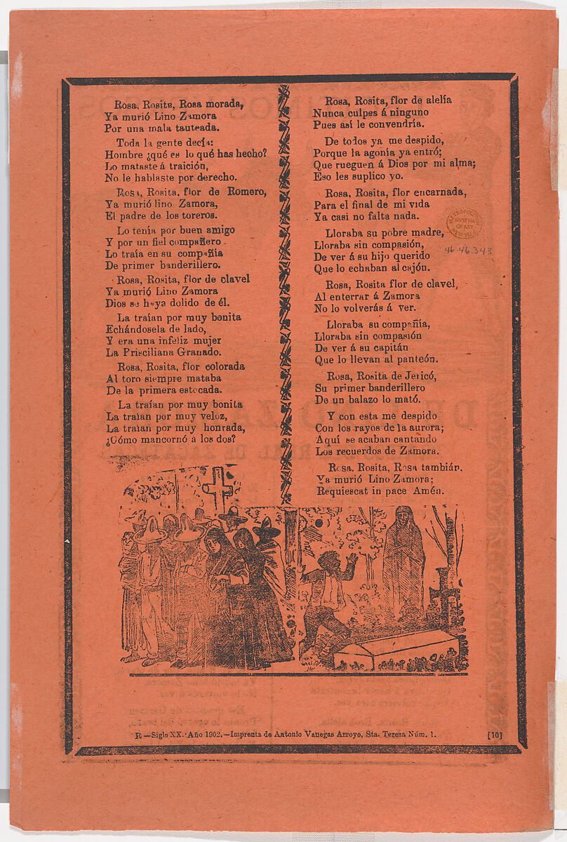 Broadside (recto) true verses about Lino Zamora from Real de Zacatecas (image of banderillero and bull by Manilla), and a funeral scene on verso (possibly by Posada), Manuel Manilla (Mexican, Mexico City ca. 1830–1895 Mexico City), Type-metal engraving and letterpress on orange paper