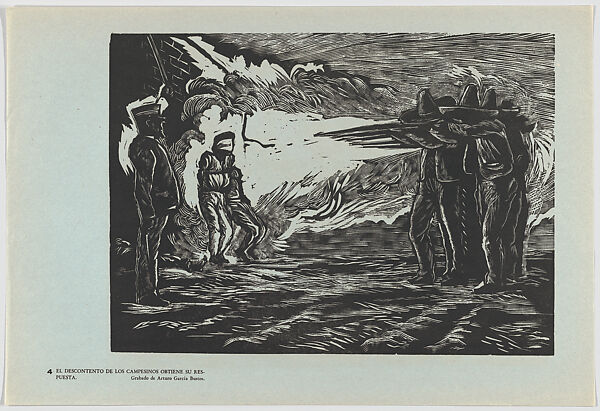 Plate 4: disgruntled campesinos being exectued by firing squad, from the portfolio 'Estampas de la revolución Mexicana' (prints of the Mexican Revolution)