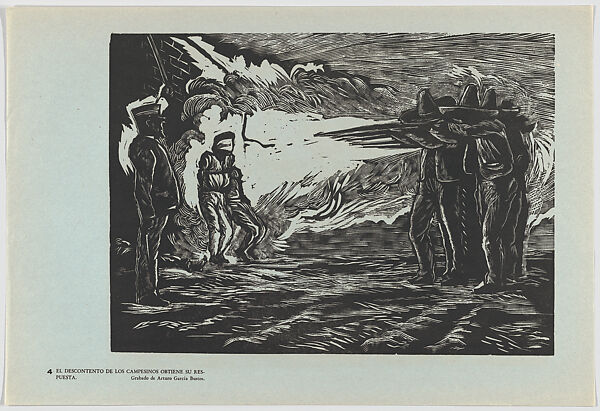 Plate 4: disgruntled campesinos being exectued by firing squad, from the portfolio 'Estampas de la revolución Mexicana' (prints of the Mexican Revolution)