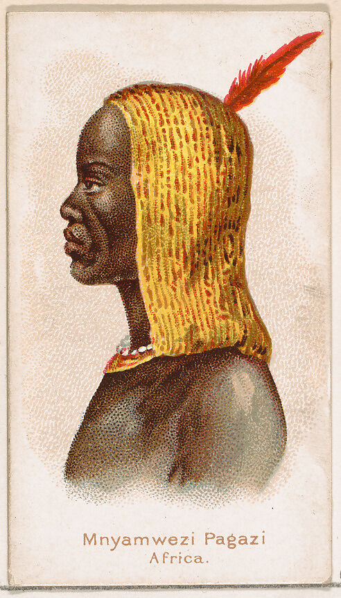 Mnyamwezi Pagazi, Africa, from the Savage and Semi-Barbarous Chiefs and Rulers series (N189) issued by Wm. S. Kimball & Co., Issued by William S. Kimball &amp; Company, Commercial color lithograph 