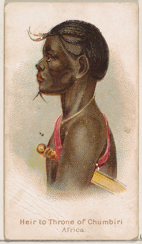 Heir to the Throne of Chumbiri, Africa, from the Savage and Semi-Barbarous Chiefs and Rulers series (N189) issued by Wm. S. Kimball & Co., Issued by William S. Kimball &amp; Company, Commercial color lithograph 