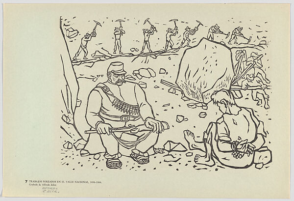 Plate 7: Mexican chaingang being forced to break rocks in a quarry in the Valle Nacional in Oaxaca, guarded by a rifle-bearing foreman, from the portfolio 'Estampas de la revolución Mexicana' (prints of the Mexican Revolution), Alfredo Zalce (Mexican, Pátzcuaro, Michoacán 1908–2003 Morelia), Linocut 