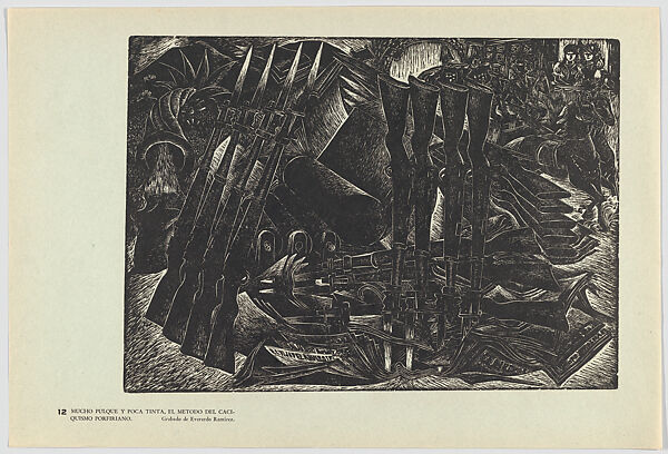 Plate 12: many guns with bayonets, allegory relating to the tyranny and despotism of the regime of President Porforio Diaz and their oppression of indigenous Mexicans, from the portfolio 'Estampas de la revolución Mexicana' (prints of the Mexican Revolution), Everardo Ramírez (Mexican, Coyoacán 1906–1992 Mexico City), Linocut 
