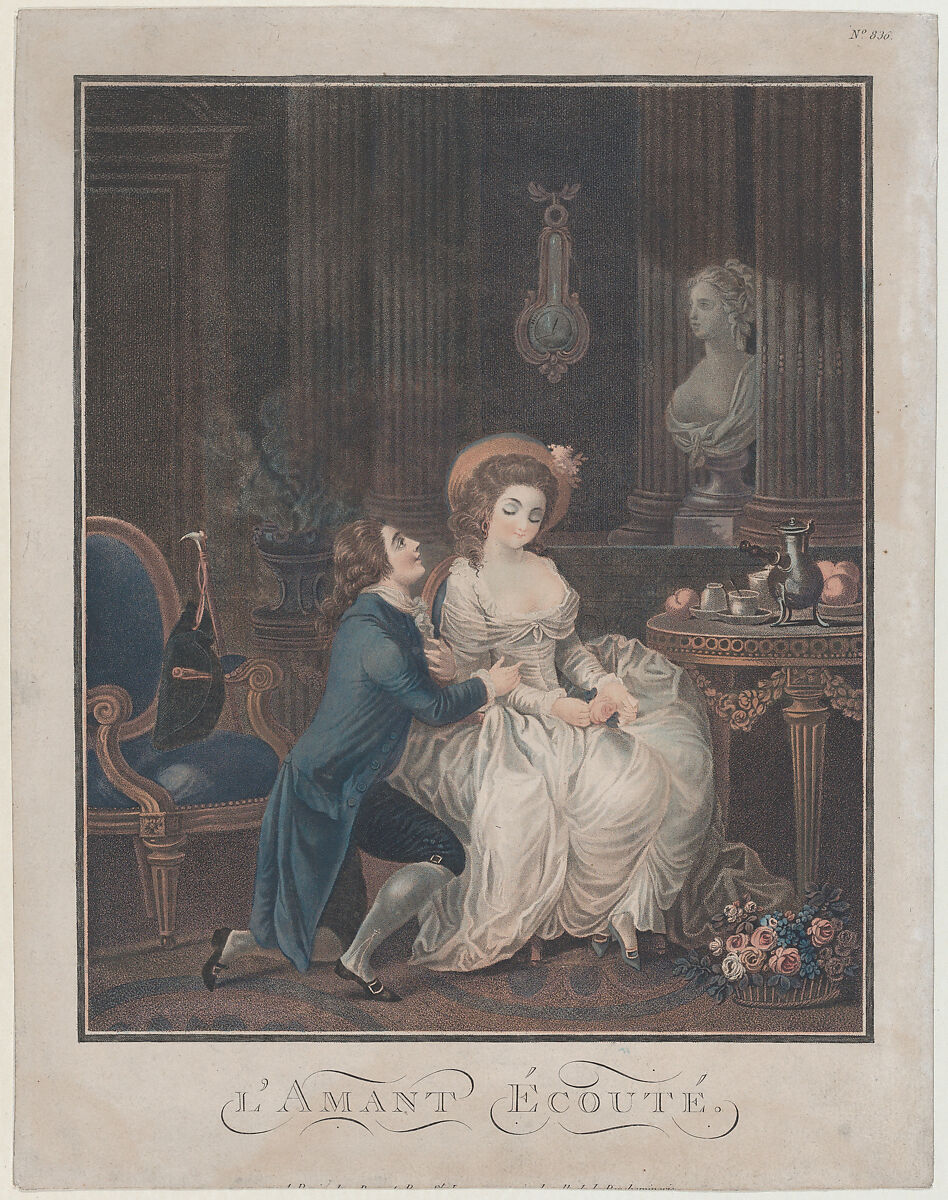 The Lover Heard, Louis Marin Bonnet (French, Paris 1736–1793 Saint-Mandé, Val-de-Marne), Stipple and wash manner, printed in orange-red, blue, yellow, and black inks 