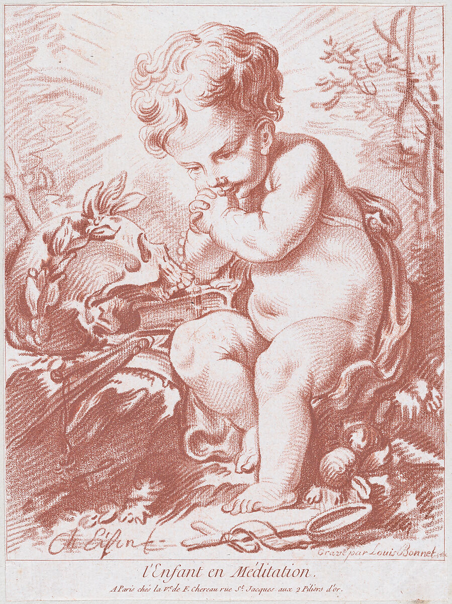 The Meditating Child, Louis Marin Bonnet (French, Paris 1736–1793 Saint-Mandé, Val-de-Marne), Chalk manner in red 