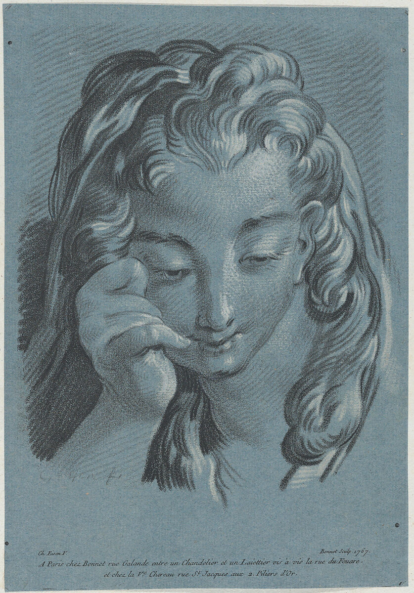 Head of a Woman, Louis Marin Bonnet (French, Paris 1736–1793 Saint-Mandé, Val-de-Marne), Chalk manner in black and white on blue paper 