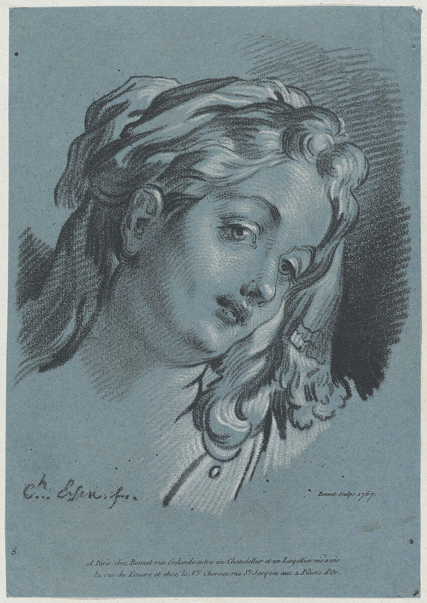 Head of a Woman, Louis Marin Bonnet (French, Paris 1736–1793 Saint-Mandé, Val-de-Marne), Chalk manner in black and white on blue paper 